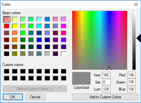 Color dialog box with basic and custom colors, color spectrum, and properties showing RGB values of 136 for a selected gray shade.