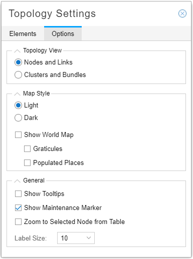Topology Settings menu with Nodes and Links view, Light map style, and Show Maintenance Marker enabled.