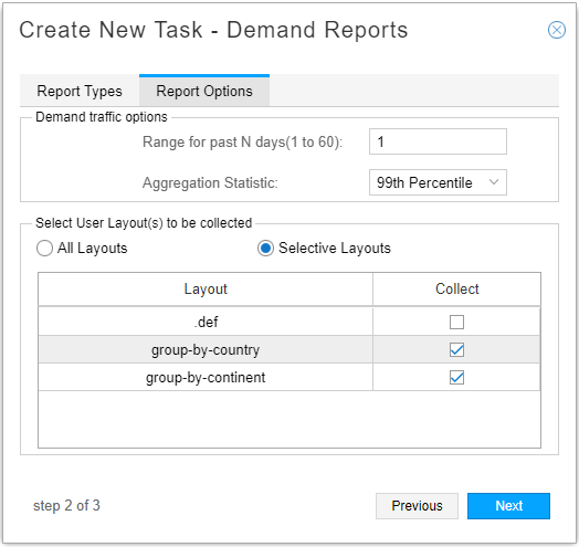 Step 2 of 3: Report Options for Demand Reports. Select past 1 day, 99th Percentile. Selective Layouts: group-by-country, group-by-continent.