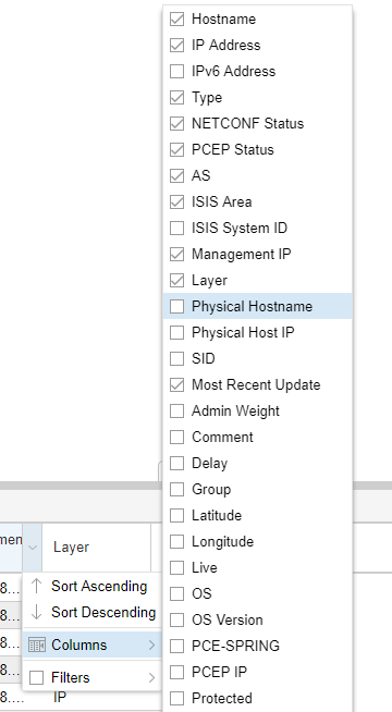 Dropdown menu for selecting columns in a network management tool with options like Hostname, IP Address, and NETCONF Status.