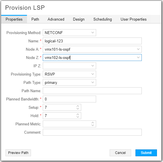 Configuration interface for provisioning an LSP with NETCONF method. Includes fields for Name logical-123, Node A vmx101-ls-ospf, Node Z vmx102-ls-ospf, Provisioning Type RSVP, Path Type primary, and buttons for Preview Path, Cancel, Submit.