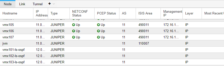 Network management interface showing a table of JUNIPER devices with hostnames, IP addresses, NETCONF and PCEP statuses Up, AS 11, IS-IS areas, management IPs, and Layer IP.