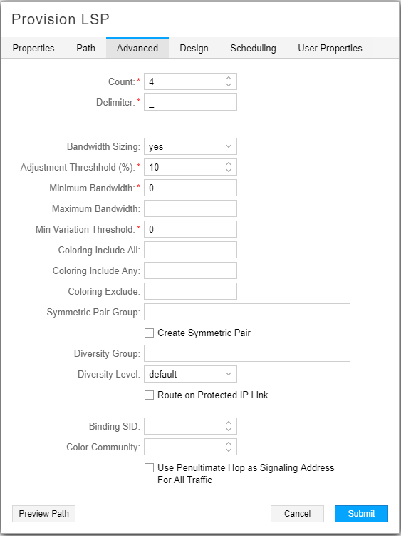 Screenshot of a network management system interface for provisioning an LSP, showing options for count, delimiter, bandwidth settings, coloring, symmetric pairs, diversity, and route protection, with Preview Path, Cancel, and Submit buttons.