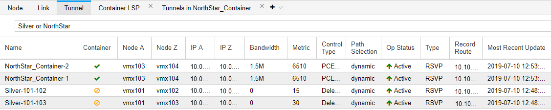 Network management interface showing tunnels in NorthStar_Container with tunnel names, nodes, IPs, bandwidth, metrics, and operational status.