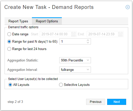 Step 2 of 3 in creating a Demand Reports task. Configure Demand traffic options, aggregation statistic and interval, and select user layouts. Navigation buttons: Previous and Next.