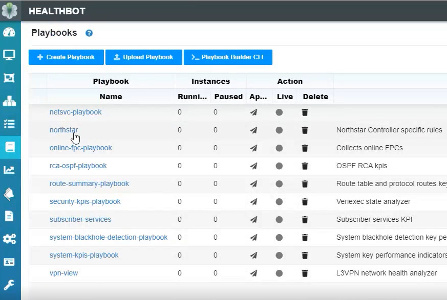 Interface of HealthBot software tool displaying Playbooks section with a table of playbook names, instances, and actions.