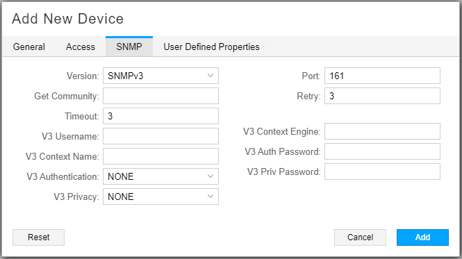 Configuration interface for adding a new device via SNMP with fields for version, port, community, timeout, retry, and SNMPv3 settings. Includes Reset, Cancel, and Add buttons.