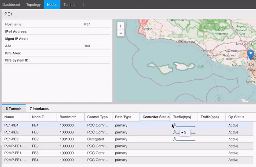 Network management interface showing node PE1 details, geographic map with PE1 location, and tunnels table with bandwidth and traffic metrics.