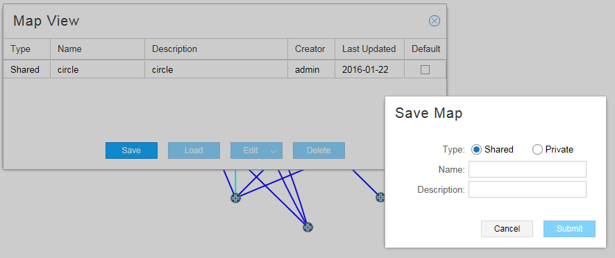 Map View dialog with table showing Shared circle by admin last updated 2016-01-22. Save Map dialog with Shared type selected, empty Name and Description fields.