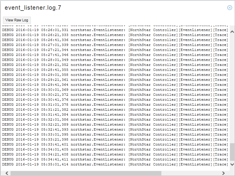 Log file showing debug-level entries from northstar.EventListener with timestamps and context like NorthStar Controller and Trace.