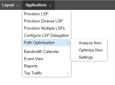 Dropdown menu titled Applications with options for network management tasks; Path Optimization highlighted with submenu options Analyze Now, Optimize Now, Settings.