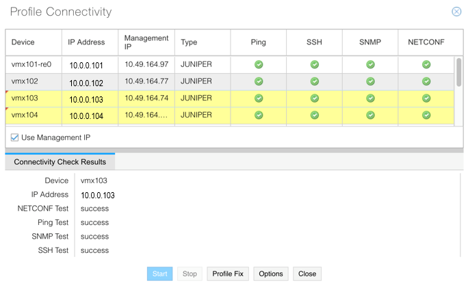 Profile Connectivity interface showing four Juniper devices with IP addresses, management IPs, successful connectivity tests, and highlighted rows for vmx103 and vmx104.