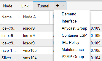 Network management interface showing a table with columns Node, Link, and Tunnel. Dropdown menu lists options like Demand and Interface.