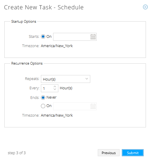 Scheduling interface for task creation with options for start time and recurrence. Step 3 of 3, timezone set to America/New_York.