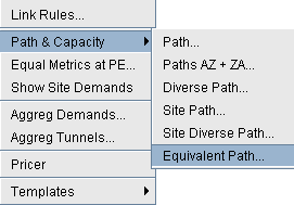 Dropdown menu with options for network path and capacity management. Highlighted: Equivalent Path under Path and Capacity.