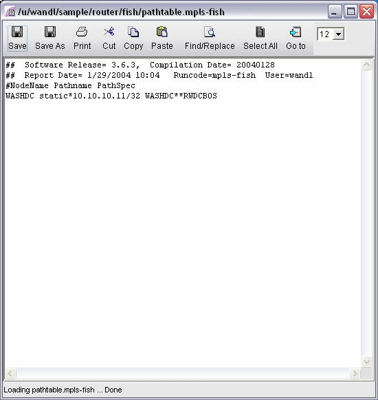 Text editor window displaying network file pathtable.mpls-fish with MPLS routing information, header details, and a sample path entry.