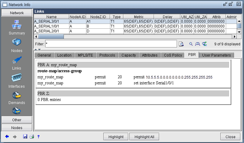 Network management interface showing a table of network links with details like Name, NodeA.ID, NodeZ.ID, and Type. Tabs for configuration and PBR policies are visible.