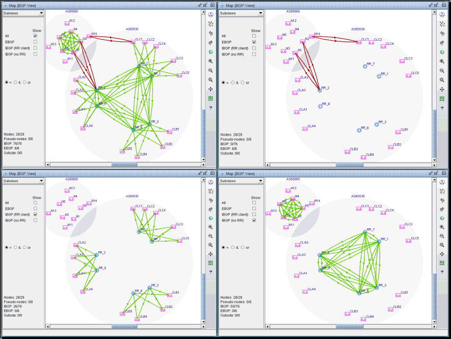 Network topology visualization of BGP configurations showing routers and connections within an Autonomous System. Pink and blue nodes represent routers; green and red lines indicate iBGP and eBGP links. Panels highlight route reflectors and client relationships. Metrics detail network structure.