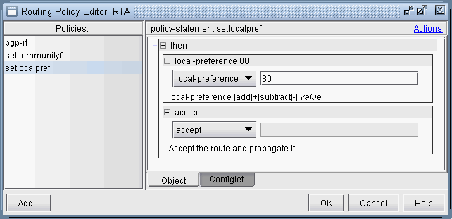 Routing Policy Editor GUI for RTA network configuration tool; selected policy: setlocalpref; local-preference: 80; accept action.