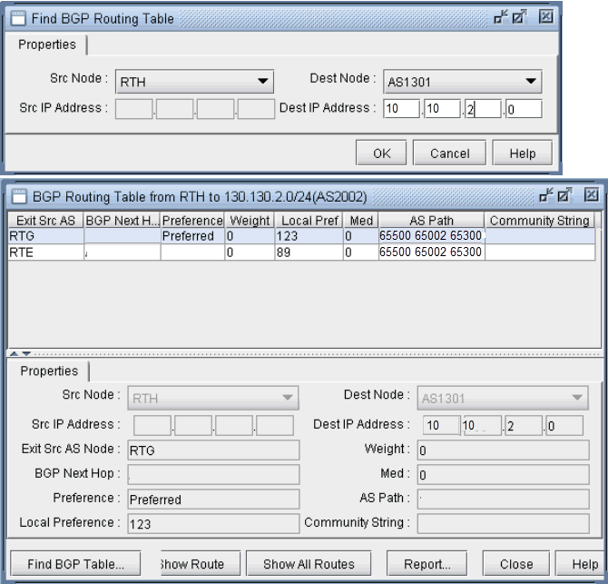 GUI for analyzing BGP routing tables. Top: Specify source and destination nodes. Middle: Display routing info, exit AS, next hop, preference, weight, local pref, med, AS path. Bottom: Detailed route properties.