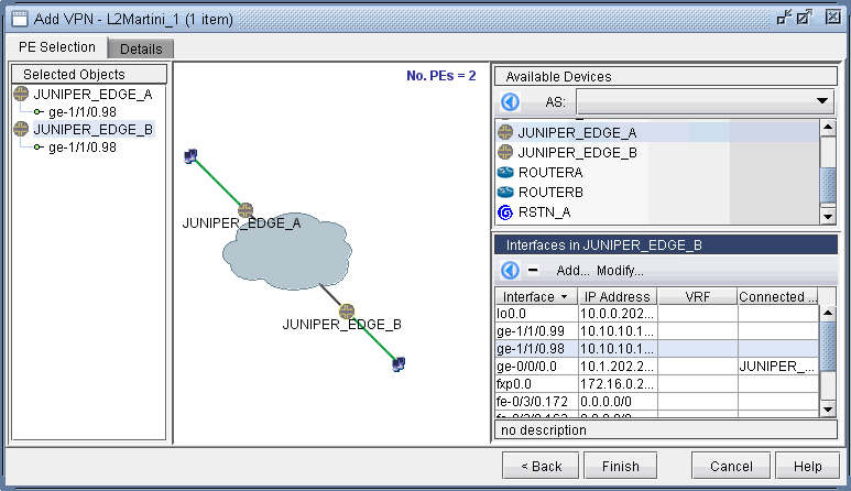 Network configuration interface for adding an L2Martini VPN, showing two edge devices, JUNIPER_EDGE_A and JUNIPER_EDGE_B, connected by a link.
