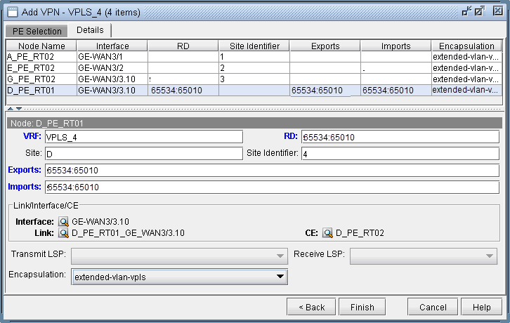 Network configuration interface for adding a VPLS VPN named VPLS_4 with nodes, interfaces, RD, site IDs, and encapsulation details.