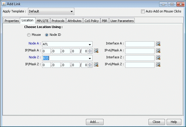 Add Link dialog box for network configuration connecting Node A ATL to Node Z BOS with IP and subnet fields.