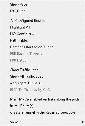 Context menu from network management software with options like Show Path, BW_Ovhd, All Configured Routes, and Install Routes.