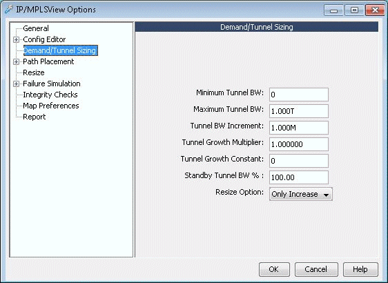 IP/MPLSView Options window displaying Demand/Tunnel Sizing settings for bandwidth management in an IP/MPLS network.