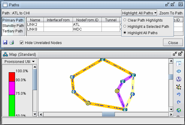 Network management interface showing path information from ATL to CHI with primary, standby, and tertiary paths detailed. Map below visualizes network topology with paths in different colors.