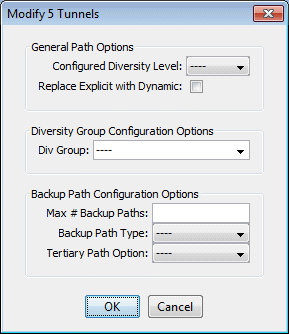 Configuration window for modifying 5 tunnels in network software. Options for path diversity, groups, backup paths. OK and Cancel buttons.