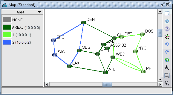 Network topology map illustrating computer network with nodes like SFO and ATL linked, color-coded by areas with IP ranges.