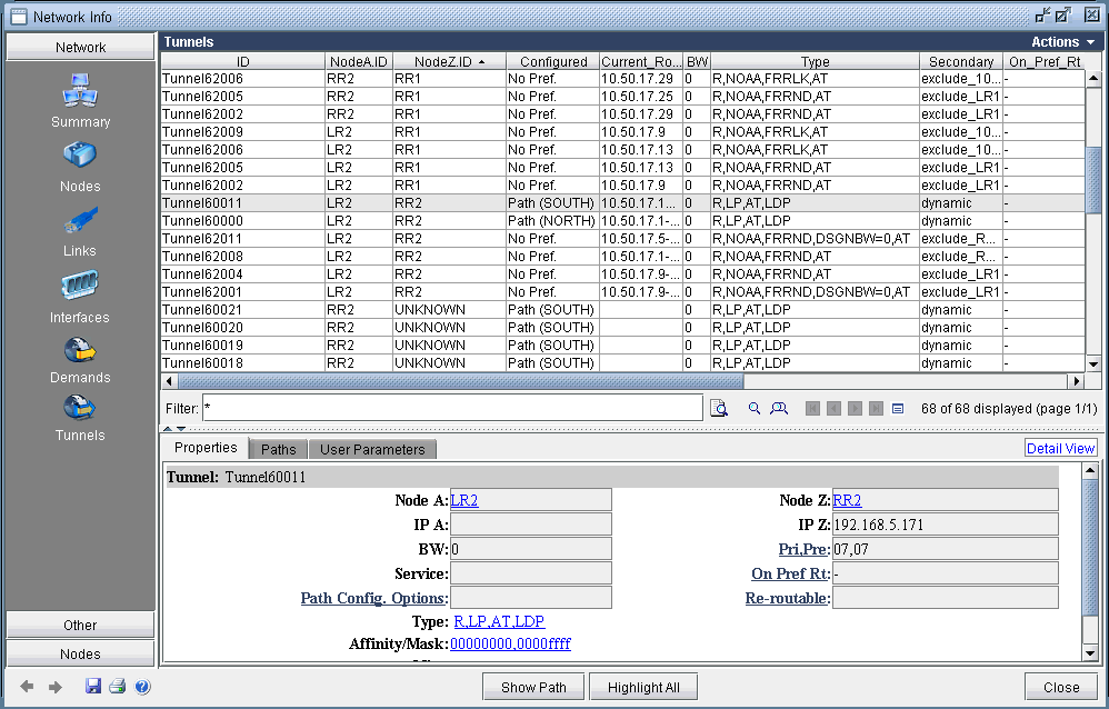 Screenshot of a network management interface showing tunnels table with IDs, nodes, bandwidth, types, and routing preferences. Detailed view of a selected tunnel and navigation panel with tabs for network management.