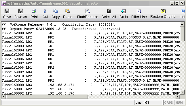 Text editor displaying network tunnel configurations in autotunnel.auto file, version 5.4.1, dated June 24, 2009.