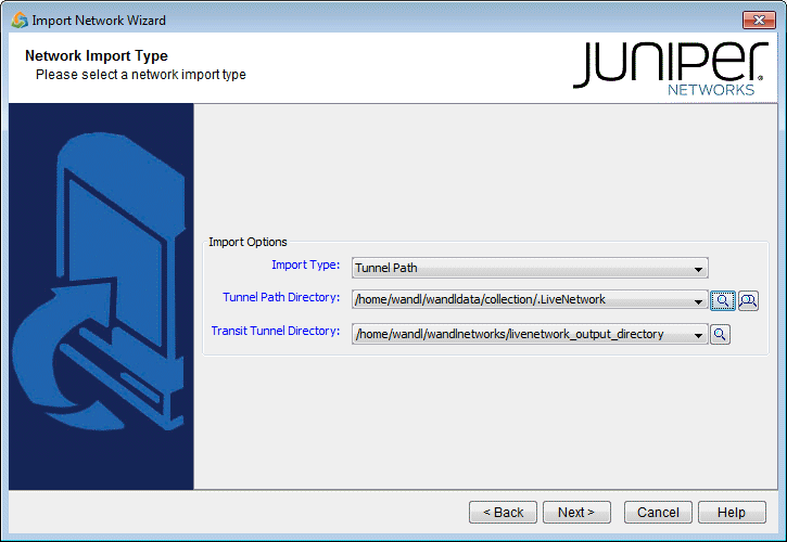 Import Network Wizard interface from Juniper Networks showing Network Import Type step with Tunnel Path selected.