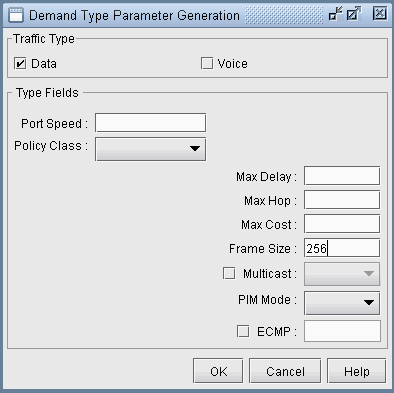 Demand Type Parameter Generation dialog box with options for traffic types Data and Voice and fields for various parameters.