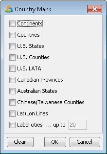 Dialog box titled Country Maps with checkboxes for selecting map features such as Continents, Countries, U.S. States, and more. Buttons: Clear, OK, Cancel.