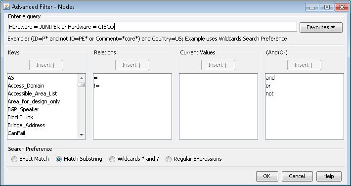 Advanced Filter - Nodes dialog for filtering nodes by criteria. Example query: Hardware = JUNIPER or Hardware = CISCO. Includes query box, keys, relations, logical operators, and search preferences.