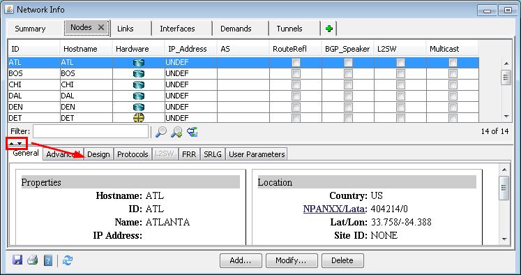 Network management tool GUI with tabs like Summary, Nodes, Links. Nodes table shows node details like ID and IP. Filter option highlighted. Properties of node ATL shown with hostname and location. Buttons for Add, Modify, Delete at bottom.