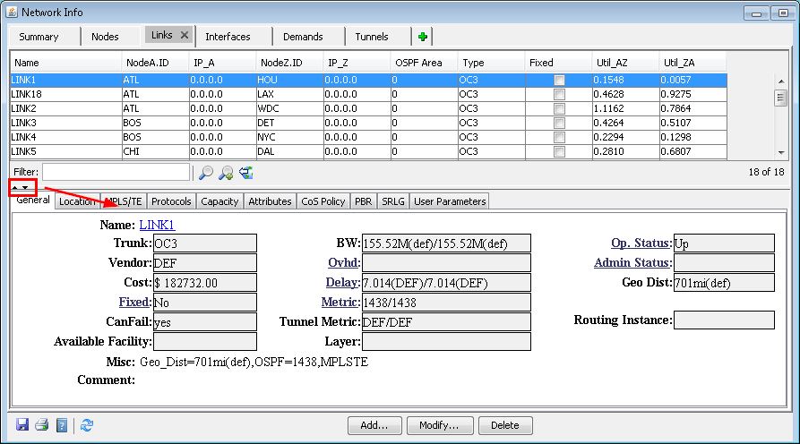 Screenshot of a network management software interface showing a Network Info window with tabs like Summary, Nodes, Links, and Interfaces. A table lists network links with columns for Name, NodeA ID, NodeB ID, IP addresses, OSPF Area, Type, and Utilization. Detailed information about LINK1 is displayed below, including trunk type, vendor, cost, bandwidth, delay, and operational status. A filter tool is highlighted, and Add, Modify, and Delete buttons are visible at the bottom.