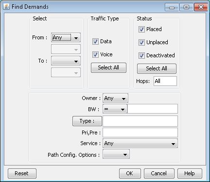 Find Demands dialog box for filtering demands by route, traffic type, status, owner, bandwidth, service, and path options.