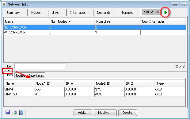 Screenshot of a network management interface titled Network Info with tabs like Summary, Nodes, Links, Interfaces. Tables list network corridors and link details like Name, NodeA.ID, NodeZ.ID, IP_A, IP_Z, and Type. A filter box and Add, Modify, Delete buttons are present, with a green plus button for adding entries. A red arrow highlights a dropdown icon next to the Filter box.