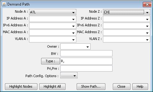 Screenshot of Demand Path configuration window with dropdowns for selecting nodes Node A and Node Z, fields for IP details, bandwidth, and options for path configuration.