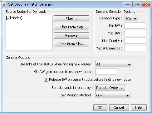Net Groom Fetch Demands interface showing options for managing network demands including source nodes, demand selection, and routing settings.