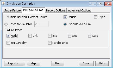 Software interface for configuring simulation scenarios with tabs for Single Failure, Multiple Failures, Report Options, and Advanced Options.