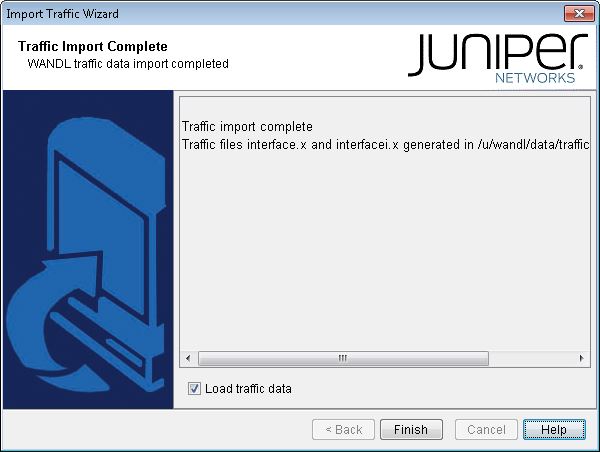 Juniper Networks Import Traffic Wizard interface shows traffic import completed with files in directory u/wandl/data/traffic.