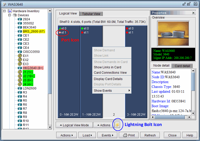 Network management interface showing hierarchical list of devices, graphical port connections, actions button, and device properties for monitoring.