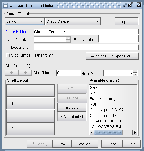 Chassis Template Builder interface for configuring Cisco network device templates with vendor selection, shelf layout, and card options.