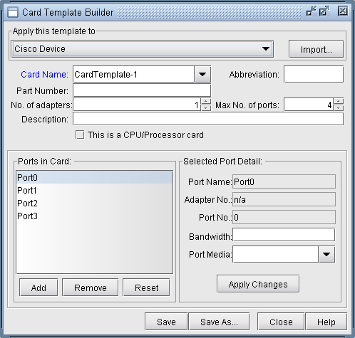 Card Template Builder GUI for configuring network or hardware card templates. Includes fields for device type, card name, abbreviation, part number, adapters, max ports, description, CPU card checkbox, port list, and port detail section. Features buttons for port management and saving configurations.