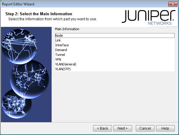Report Editor Wizard Step 2 in Juniper Networks software prompting selection of report information type such as Node, Link, or VPN.
